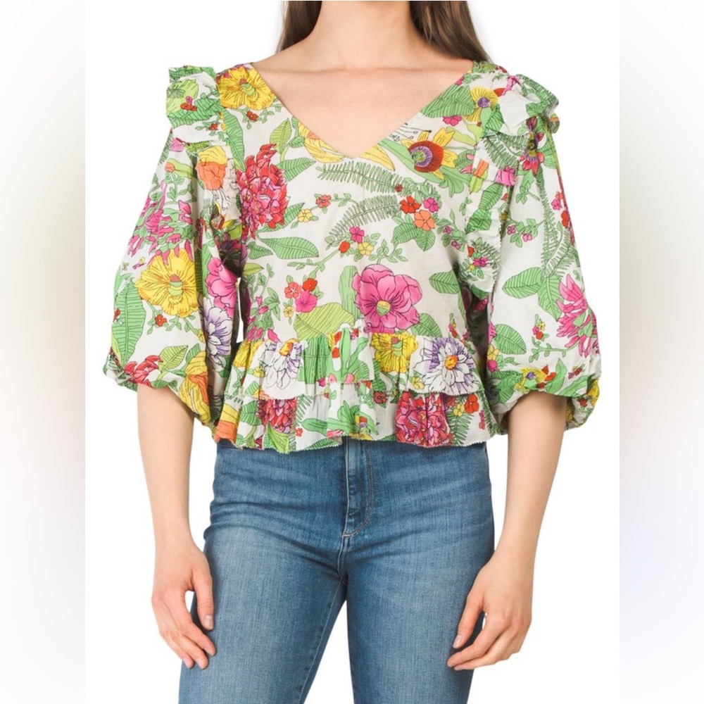 Anthroplogie Love The Label Mitzie Floral Top Balloon Sleeves Women's Size Small